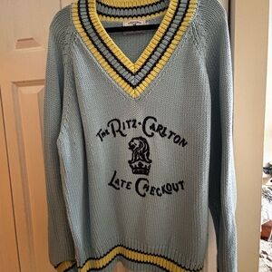 Ritz Carlton Late Checkout Blue and Yellow V-Neck Sweater
